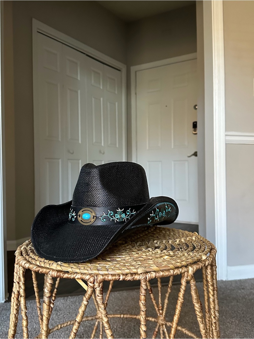 Black Western Straw Cowboy Hat with Turquoise Floral Accents Women’s Boho